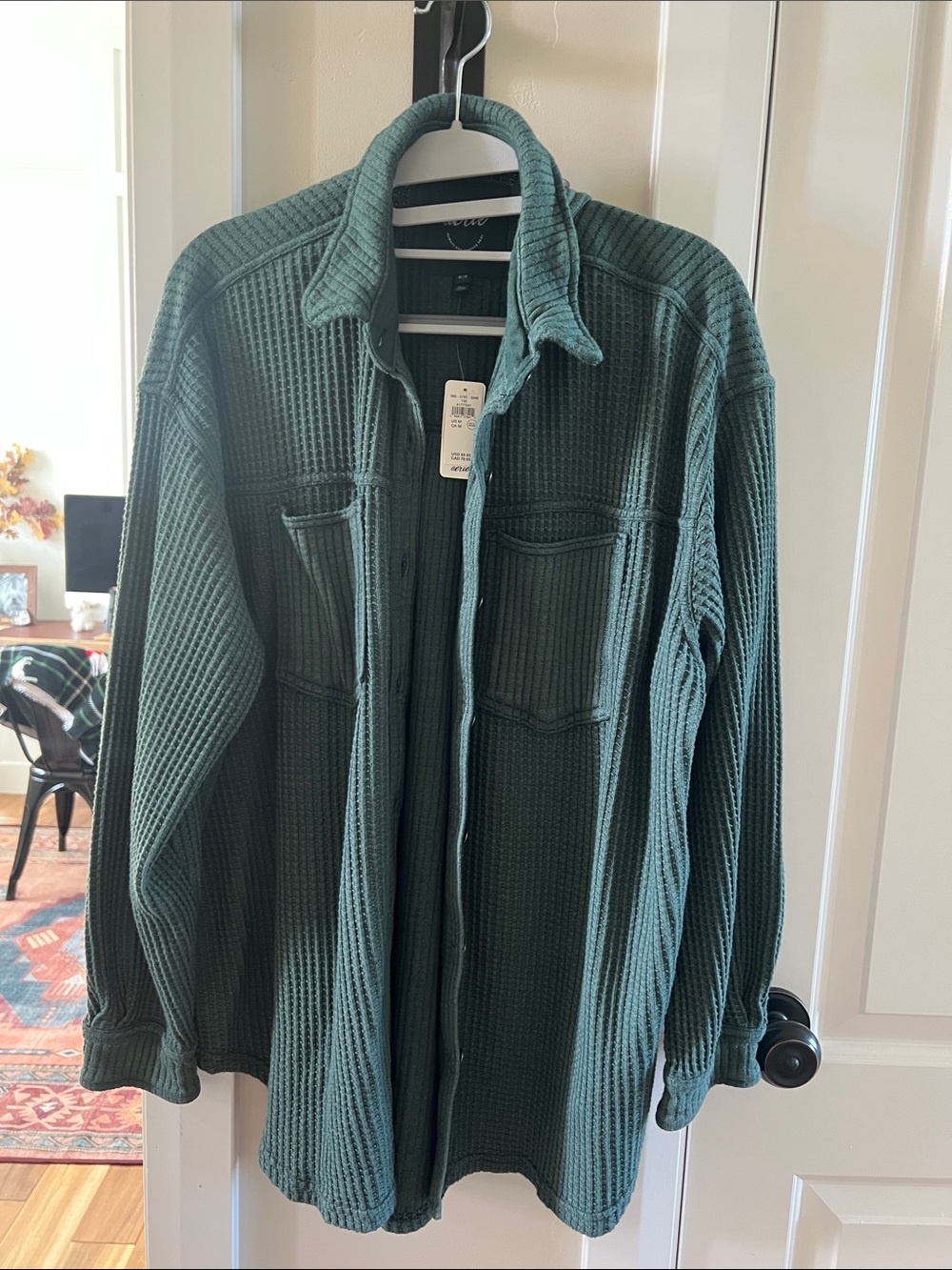 Aerie Waffle Knit Button Up Dark Green